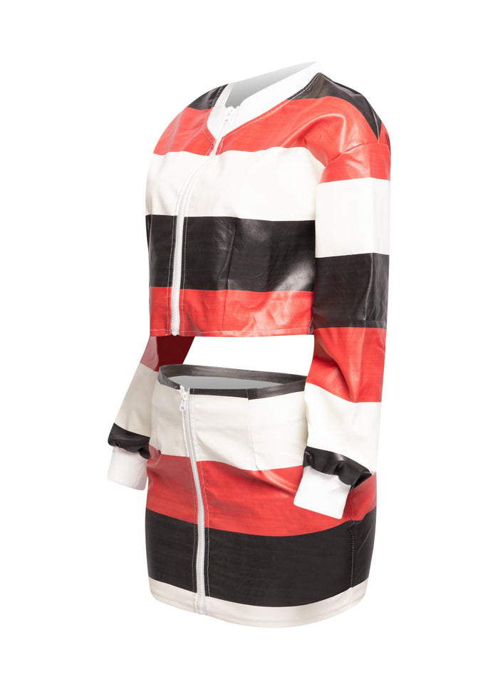 Multi color striped zipper closure jacket & mini skirt set - Muvin 