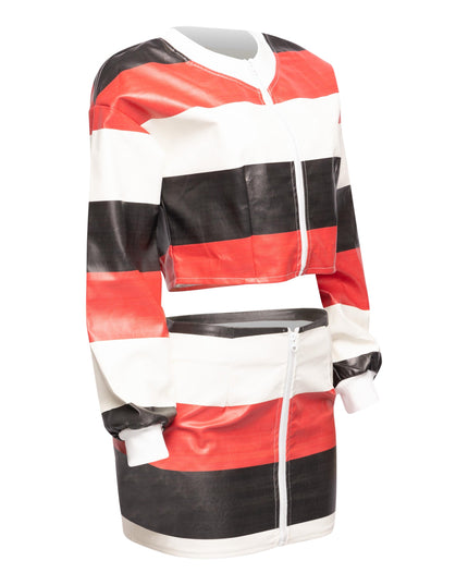 Multi color striped zipper closure jacket & mini skirt set - Muvin 