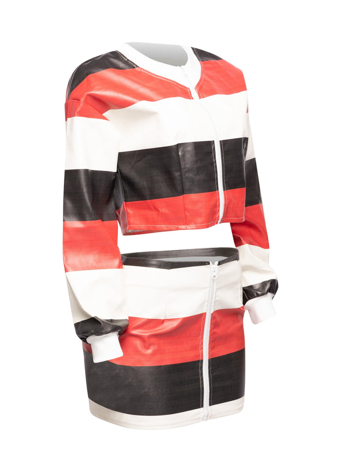 Multi color striped zipper closure jacket & mini skirt set - Muvin 