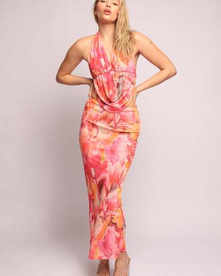 Tropical flower mesh halter top and skirt set - Muvin 