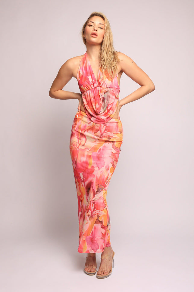 Tropical flower mesh halter top and skirt set - Muvin 