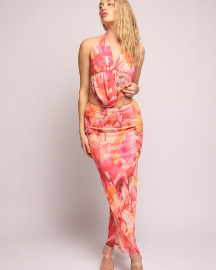 Tropical flower mesh halter top and skirt set - Muvin 