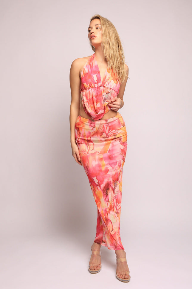 Tropical flower mesh halter top and skirt set - Muvin 