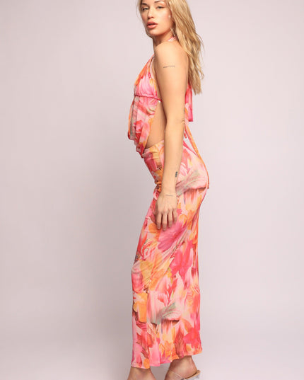 Tropical flower mesh halter top and skirt set - Muvin 