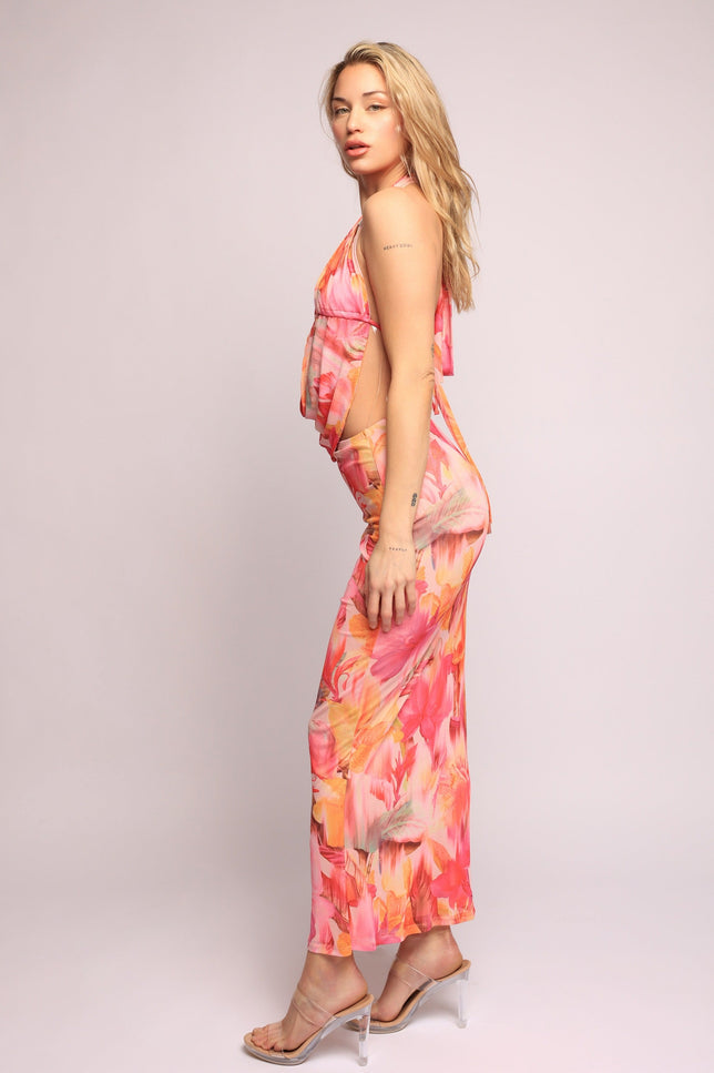 Tropical flower mesh halter top and skirt set - Muvin 