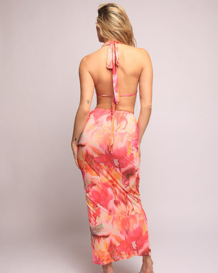 Tropical flower mesh halter top and skirt set - Muvin 
