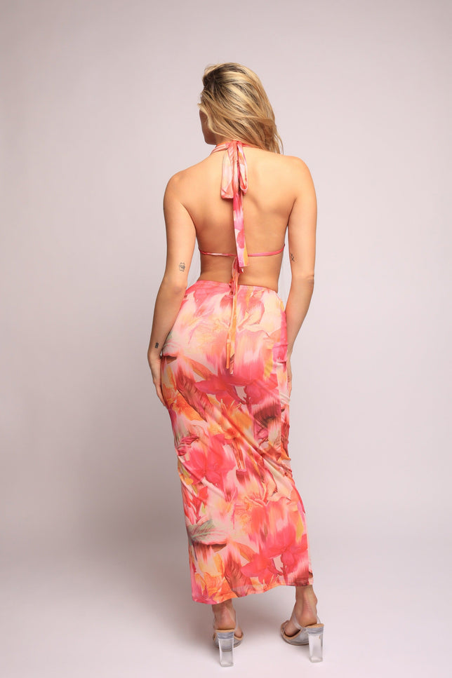 Tropical flower mesh halter top and skirt set - Muvin 
