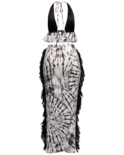 Statement co-ord in ribbed stretch fabric with swirl print and side fringe accents

