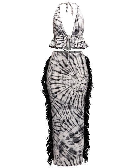 Black and white tie-dye halter top with open back and matching fringe midi skirt

