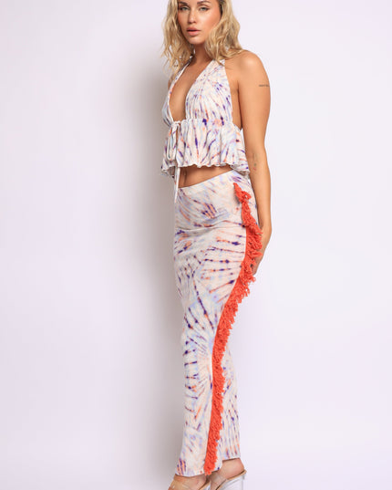 Vibrant tie-dye halter top with flared ruffle hem and side-trimmed matching skirt

