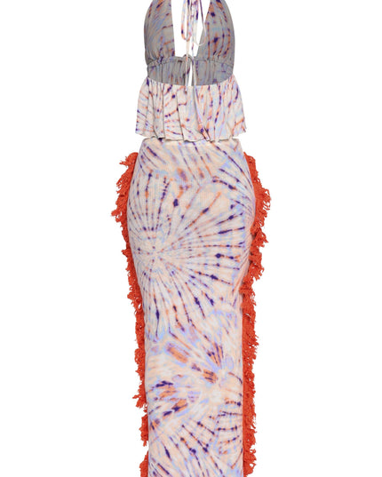 Peach and lavender tie-dye skirt set with ruched bust and statement fringe trim

