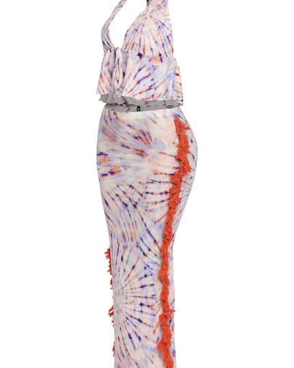Festival-ready tie-dye co-ord with plunging neckline and bold orange side fringe

