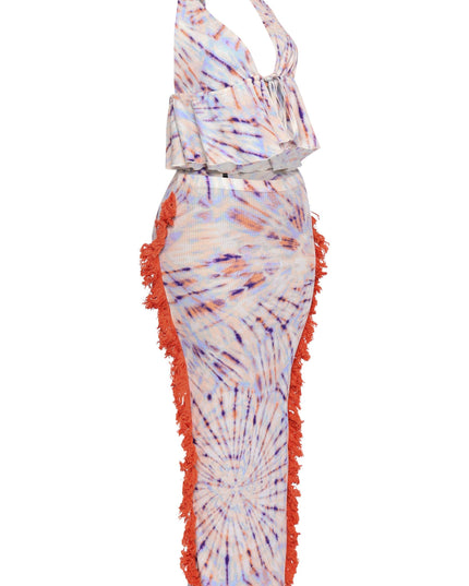 Colorful ribbed two-piece set with halter straps, ruched top, and asymmetrical fringe


