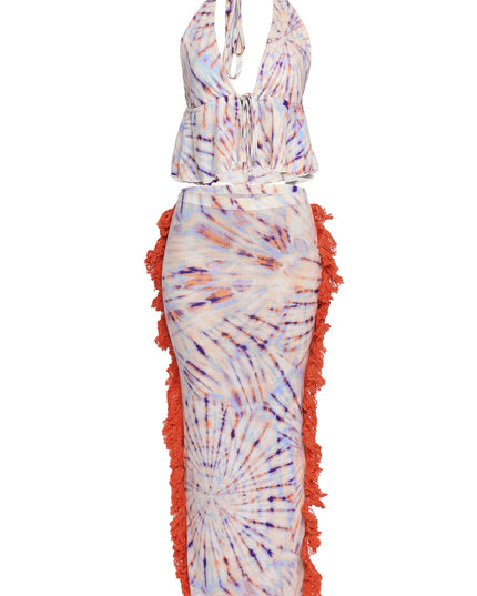 Sunset swirl tie-dye co-ord with halter crop top and orange fringe midi skirt

