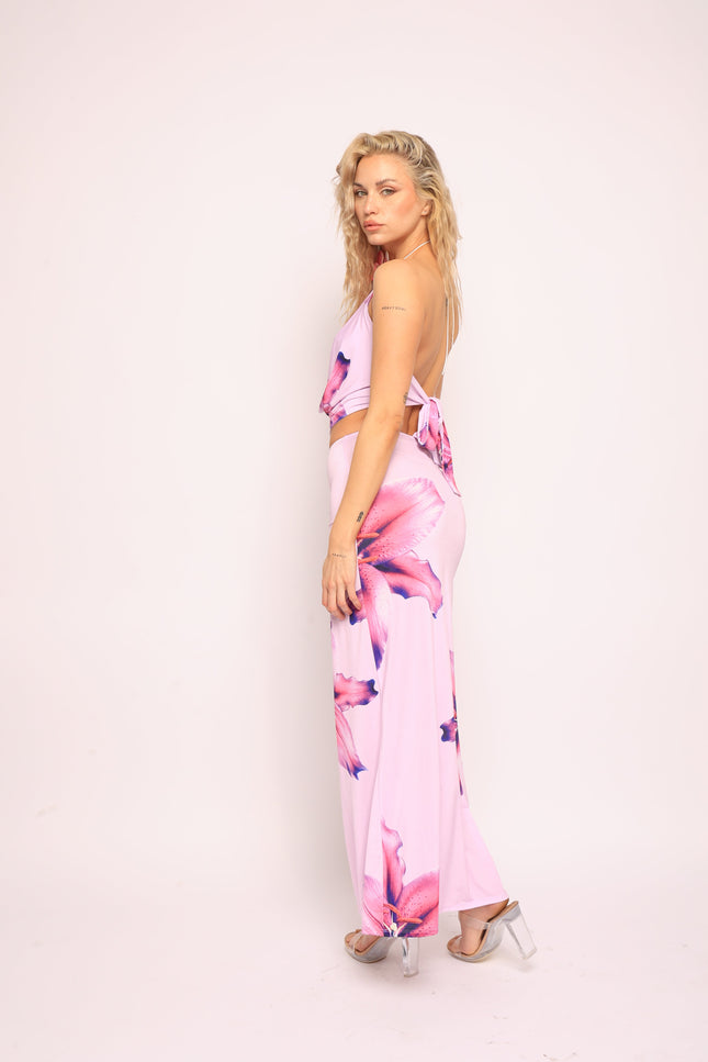 Orchid flower detailed halter top and maxi skirt set - Muvin 