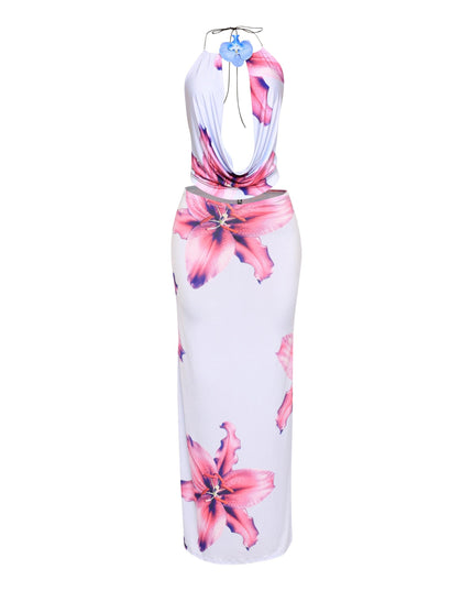 Orchid flower detailed halter top and maxi skirt set - Muvin 