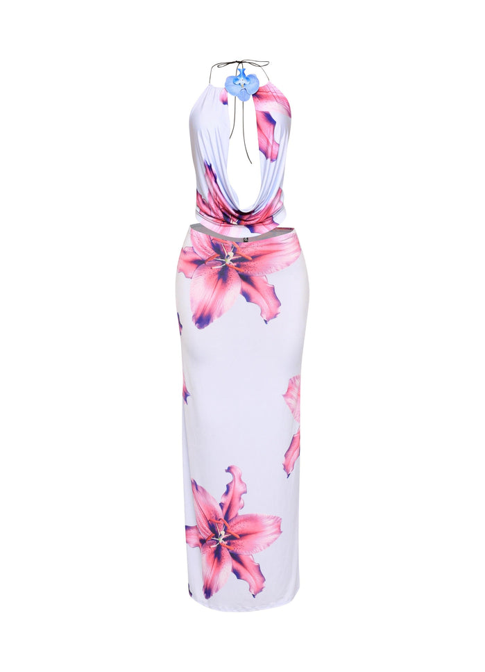 Orchid flower detailed halter top and maxi skirt set - Muvin 