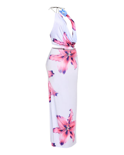 Orchid flower detailed halter top and maxi skirt set - Muvin 