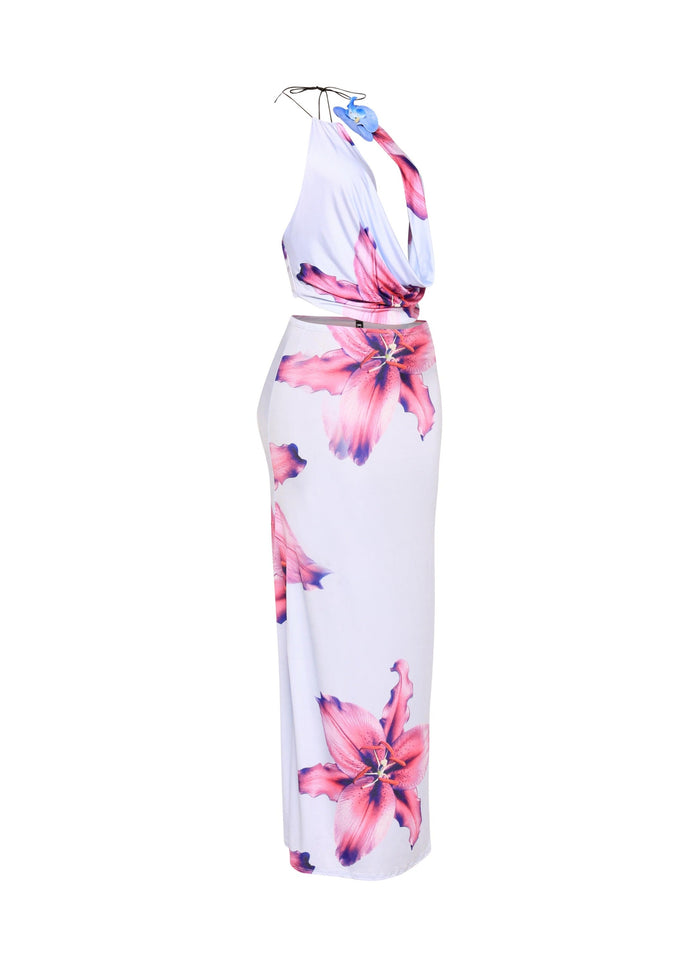 Orchid flower detailed halter top and maxi skirt set - Muvin 