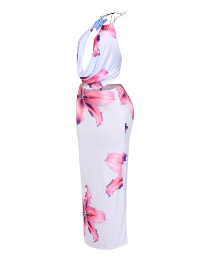 Orchid flower detailed halter top and maxi skirt set - Muvin 