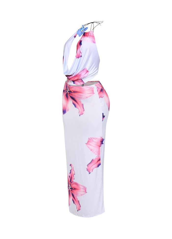 Orchid flower detailed halter top and maxi skirt set - Muvin 