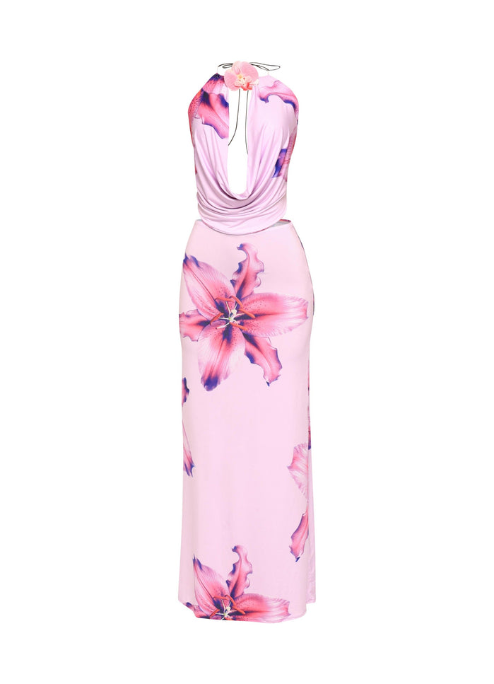 Orchid flower detailed halter top and maxi skirt set - Muvin 