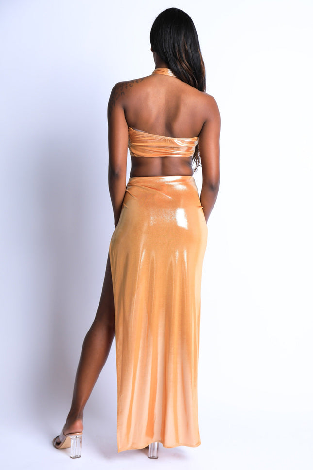 Foil Surplice Halter Top and Opened Maxi Skirt - Muvin 