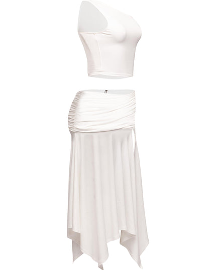 Stylish off-shoulder asymmetrical blouse featuring a tie detail, matched with a high-slit skirt for an elegant look.