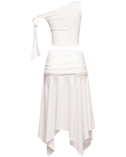 Trendy off-shoulder asymmetrical top with tie accent and coordinating high-slit skirt, ideal for fashion-forward occasions.