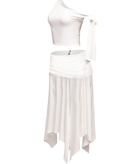 Fashionable off-shoulder asymmetrical top with tie detail, complemented by a high-slit skirt for a sophisticated ensemble.