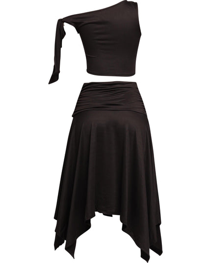 Modern and elegant two-piece set featuring an asymmetrical tie-detail top and a high-slit skirt, perfect for party looks.