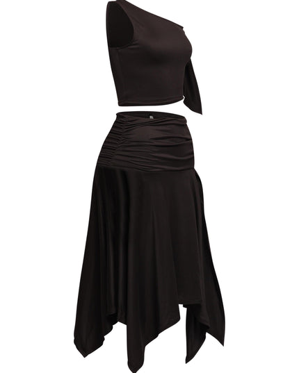 Edgy and flattering off-shoulder asymmetrical top paired with a draped high-slit skirt for ultimate glam vibes.