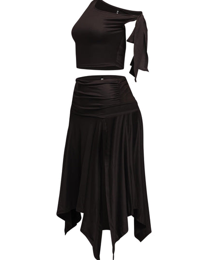 Flirty and sophisticated asymmetrical tie-detail crop top and matching high-slit skirt set, ideal for date nights or events.