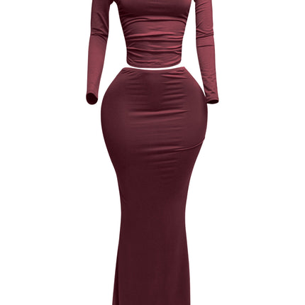 One side off shoulder long sleeve top & maxi skirt set - Muvin 