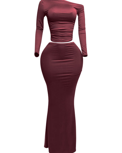One side off shoulder long sleeve top & maxi skirt set - Muvin 