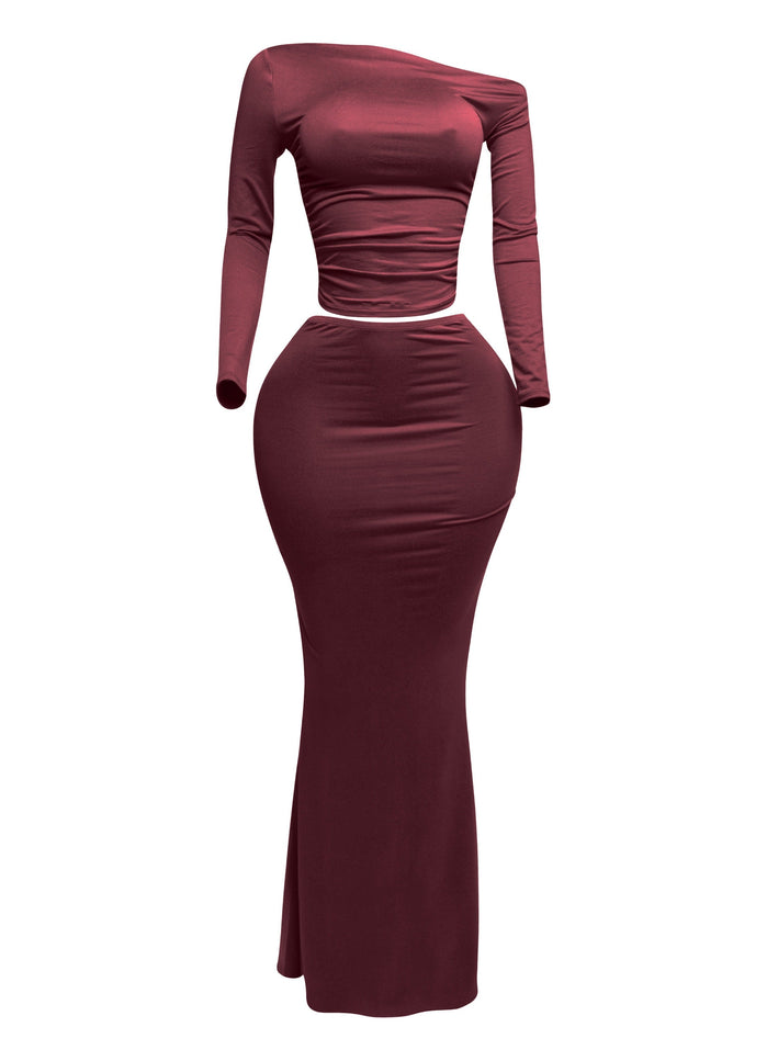 One side off shoulder long sleeve top & maxi skirt set - Muvin 