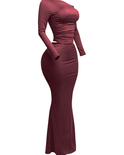 One side off shoulder long sleeve top & maxi skirt set - Muvin 