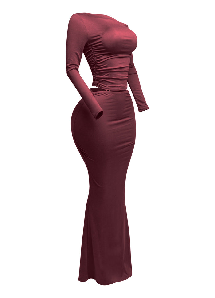 One side off shoulder long sleeve top & maxi skirt set - Muvin 