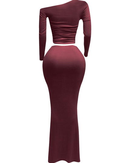 One side off shoulder long sleeve top & maxi skirt set - Muvin 