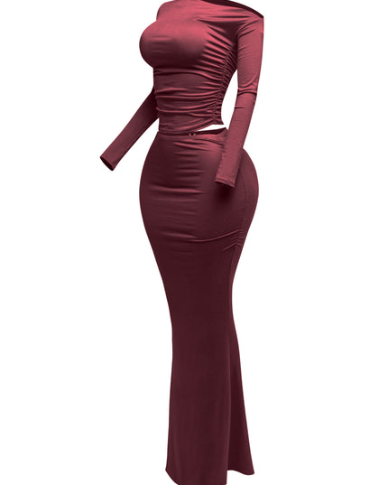 One side off shoulder long sleeve top & maxi skirt set - Muvin 