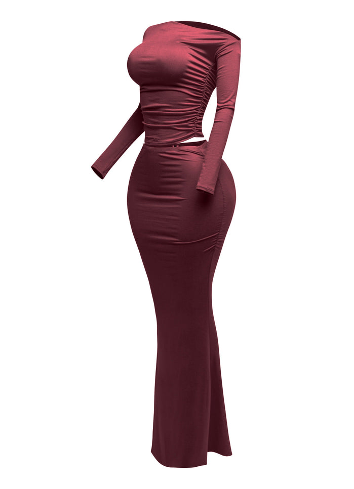 One side off shoulder long sleeve top & maxi skirt set - Muvin 