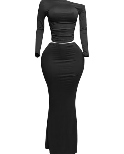 One side off shoulder long sleeve top & maxi skirt set - Muvin 