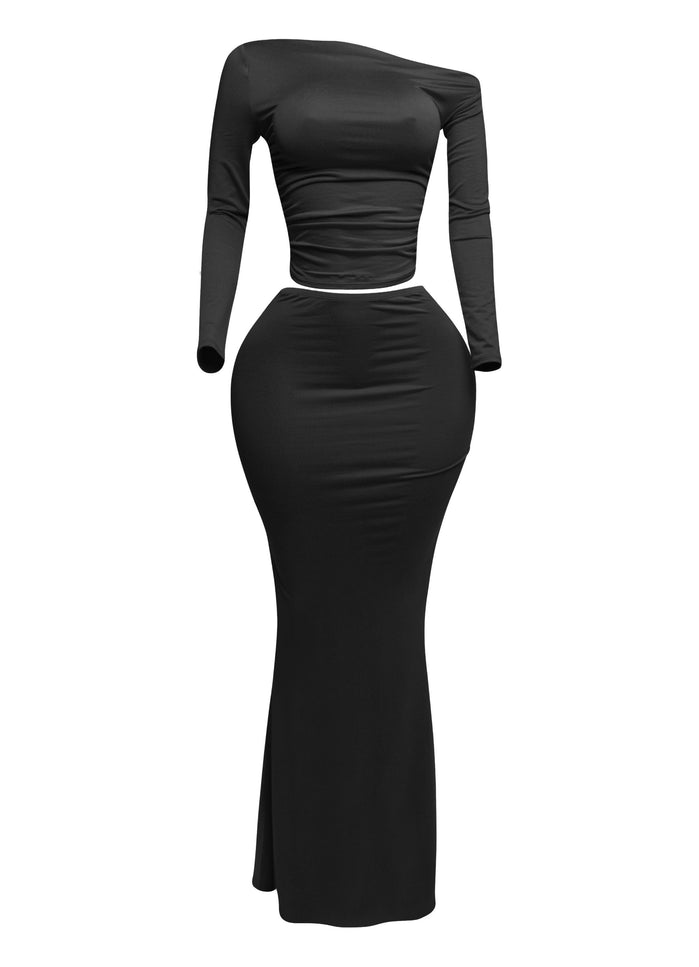One side off shoulder long sleeve top & maxi skirt set - Muvin 