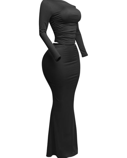 One side off shoulder long sleeve top & maxi skirt set - Muvin 