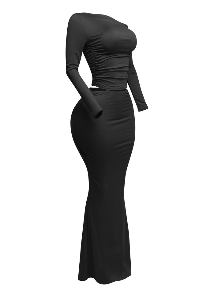One side off shoulder long sleeve top & maxi skirt set - Muvin 