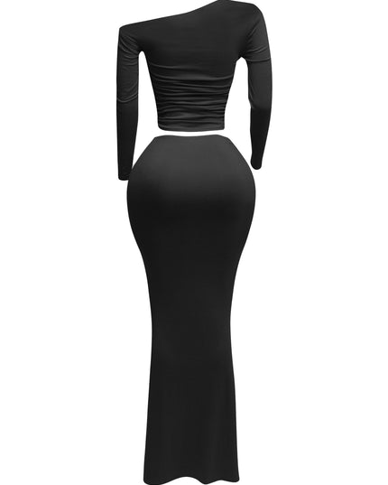 One side off shoulder long sleeve top & maxi skirt set - Muvin 