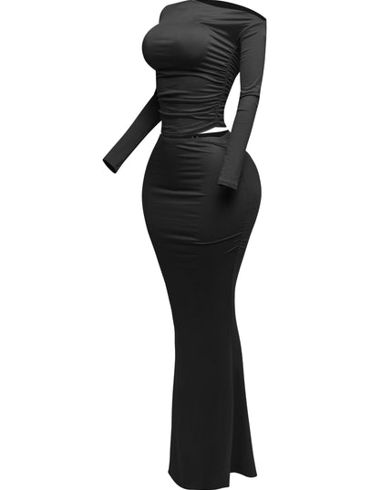 One side off shoulder long sleeve top & maxi skirt set - Muvin 