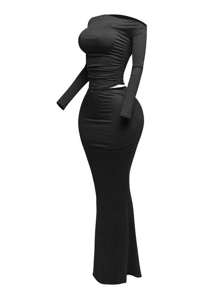 One side off shoulder long sleeve top & maxi skirt set - Muvin 