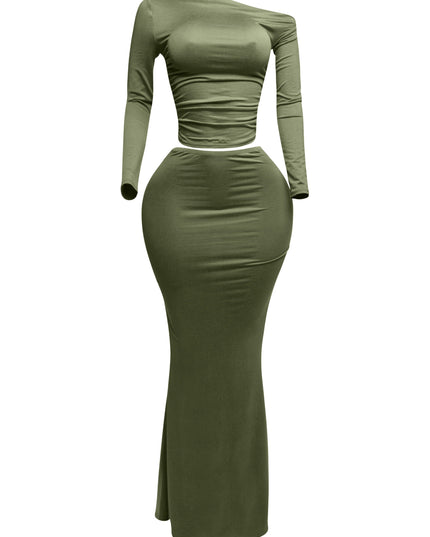 One side off shoulder long sleeve top & maxi skirt set - Muvin 