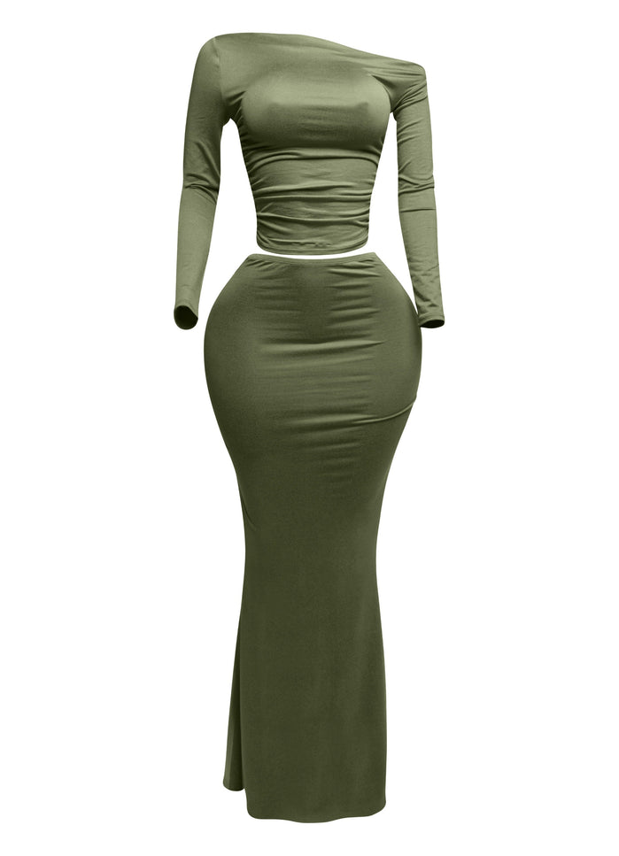 One side off shoulder long sleeve top & maxi skirt set - Muvin 